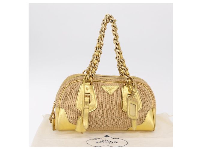 PRADA Kettenhandtasche aus Raffia Beige Goldfarben BL0352 Auth am12833M - Ansicht 32
