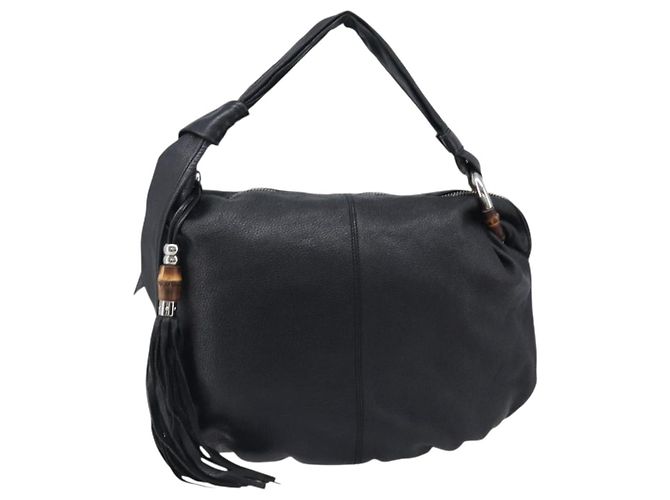 Borsa a tracolla GUCCI Bamboo in pelle nera e argento 232930 Auth 205316A Nero - vista 2