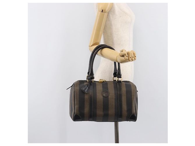 Pequin Sac à main FENDI Pecan Canvas PVC Noir Marron Auth ep16390 - vue 28