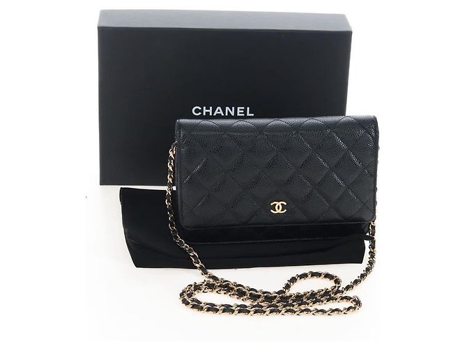 Portafoglio a Spalla CHANEL Matelasse con Catena in Pelle Caviar Nero Oro CC Auth 200576SM - vista 28