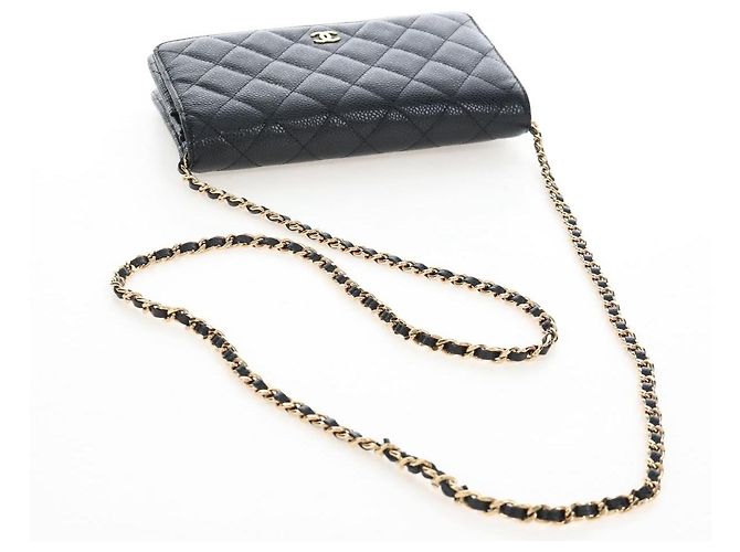Portafoglio a Spalla CHANEL Matelasse con Catena in Pelle Caviar Nero Oro CC Auth 200576SM - vista 7