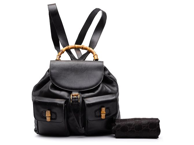 Bamboo Zaino Gucci Large in pelle di vitello nera con coulisse e bambù Nero - vista 9