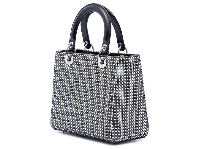 Lady Dior Satchel aus schwarzem Kalbsleder, Medium, mit Microcannage Mesh-Patches - Ansicht 2