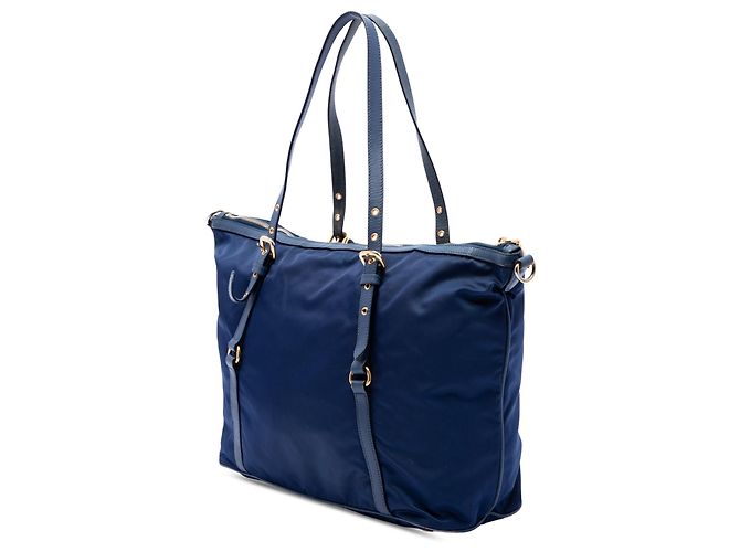 Borsa Tote Convertibile con Chiusura a Zip Prada in Tessuto con Rifiniture in Saffiano Blu - vista 2