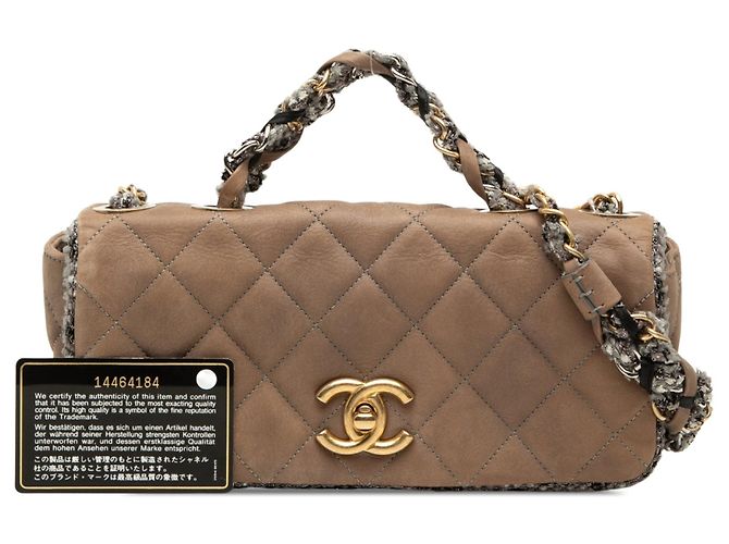 Borsa a tracolla Chanel Small Quilted in pelle d'agnello e tweed marrone con catena - vista 7