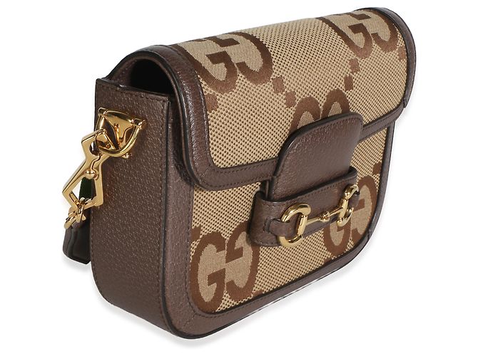 Borsa a tracolla Gucci Camel Monogram Jumbo GG Cafskin Web Small Horsebit 1955 - vista 4