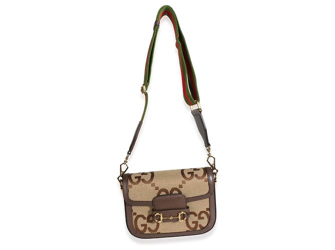 Borsa a tracolla Gucci Camel Monogram Jumbo GG Cafskin Web Small Horsebit 1955 - vista 5