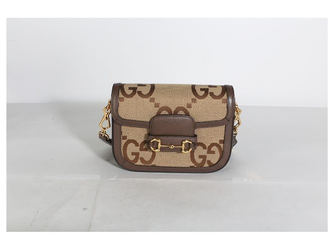 Borsa a tracolla Gucci Camel Monogram Jumbo GG Cafskin Web Small Horsebit 1955 - vista 6
