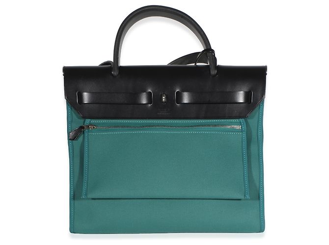 Hermès Noir Vache Hunter Malachite Toile Canvas Herbag Zip 31 Verde - vista 2