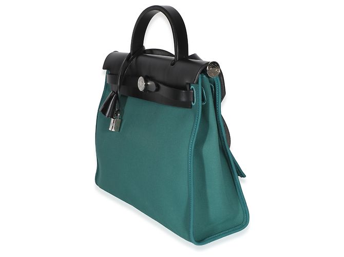 Hermès Noir Vache Hunter Malachite Toile Canvas Herbag Zip 31 Verde - vista 3