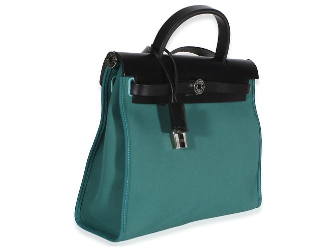Hermès Noir Vache Hunter Malachite Toile Canvas Herbag Zip 31 Verde - vista 4