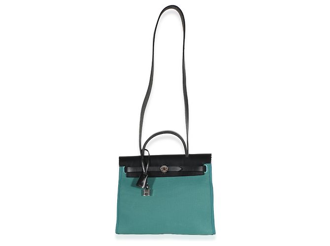 Hermès Noir Vache Hunter Malachite Toile Canvas Herbag Zip 31 Verde - vista 5