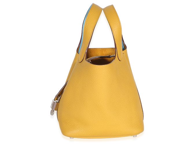 Hermès Jaune Ambre Celeste Clemence Eclat Picotin Lock 18 PM PHW Giallo - vista 3