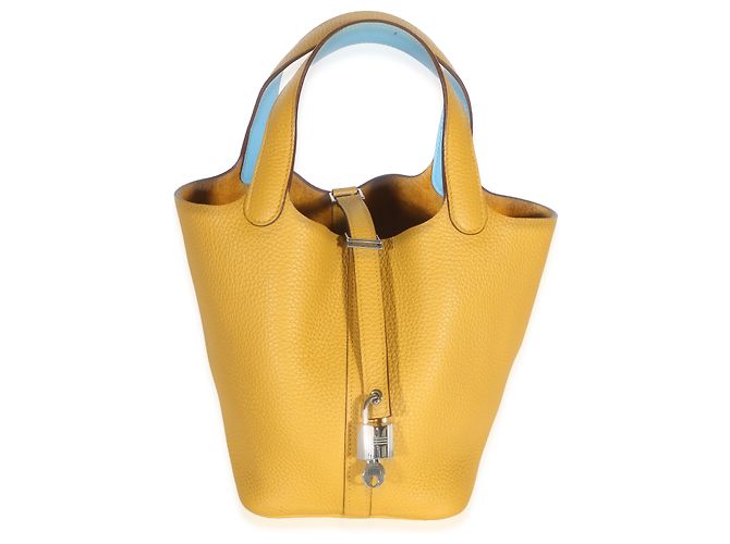 Hermès Jaune Ambre Celeste Clemence Eclat Picotin Lock 18 PM PHW Giallo - vista 8