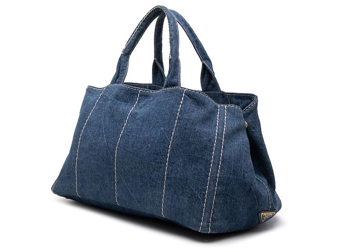 Borsa Tote Prada Large Denim Canapa Logo blu - vista 2
