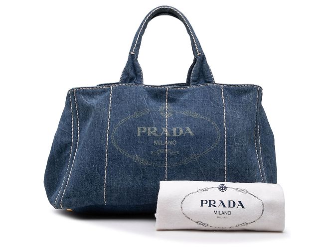 Borsa Tote Prada Large Denim Canapa Logo blu - vista 7
