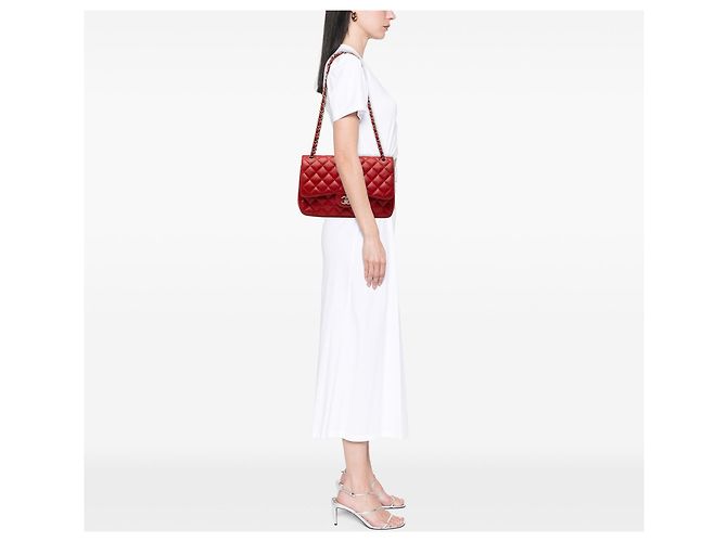 Borsa a tracolla Chanel Jumbo Classic Double Flap in pelle di agnello rossa Rosso - vista 8