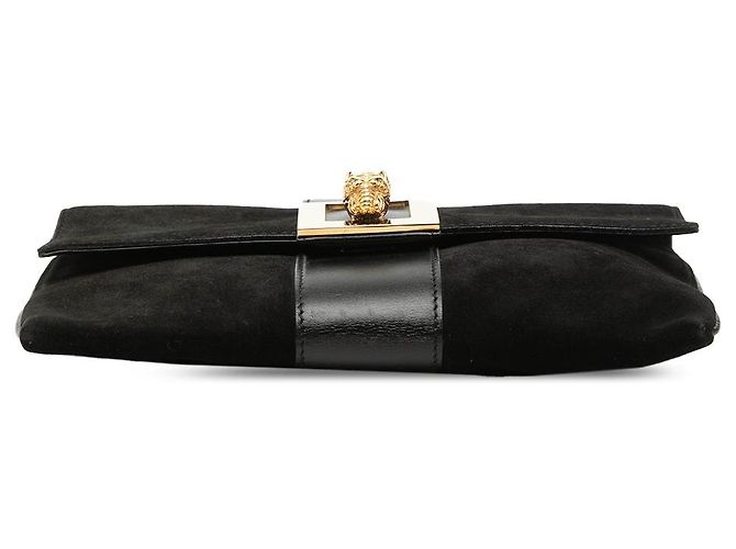 Borsa a tracolla Gucci in camoscio nero con catena e testa di tigre - vista 3