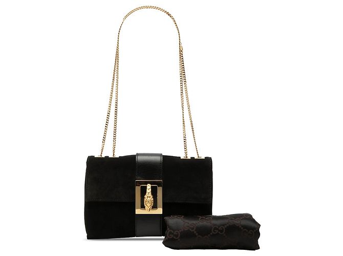 Borsa a tracolla Gucci in camoscio nero con catena e testa di tigre - vista 9