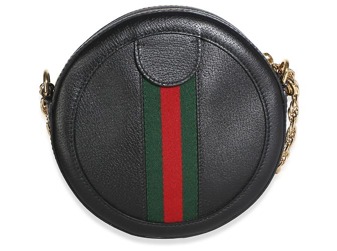 Gucci Mini Ophidia runde Tasche aus schwarzem strukturiertem Kalbsleder mit Web-Detail - Ansicht 2