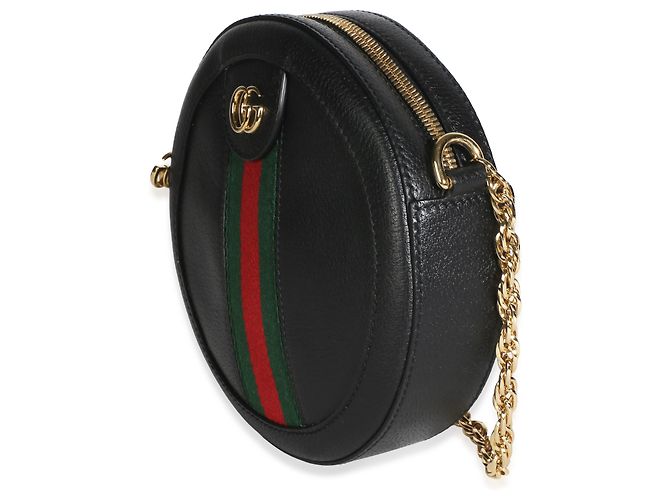 Gucci Mini Ophidia runde Tasche aus schwarzem strukturiertem Kalbsleder mit Web-Detail - Ansicht 3