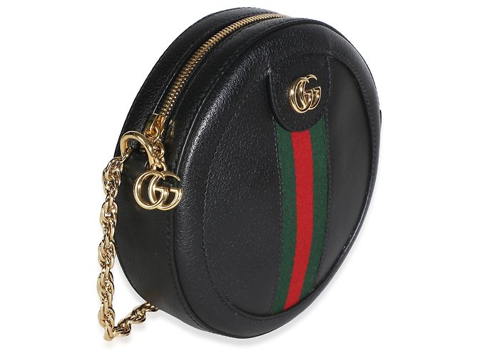 Gucci Mini Ophidia runde Tasche aus schwarzem strukturiertem Kalbsleder mit Web-Detail - Ansicht 4