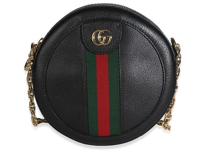 Gucci Mini Ophidia runde Tasche aus schwarzem strukturiertem Kalbsleder mit Web-Detail - Ansicht 8