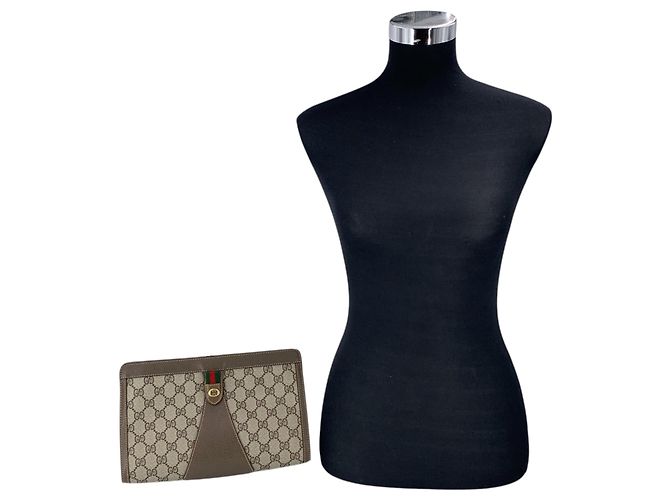 Gucci Clutch Vintage Ophidia in tela monogram GG Supreme marrone con banda Web - vista 2