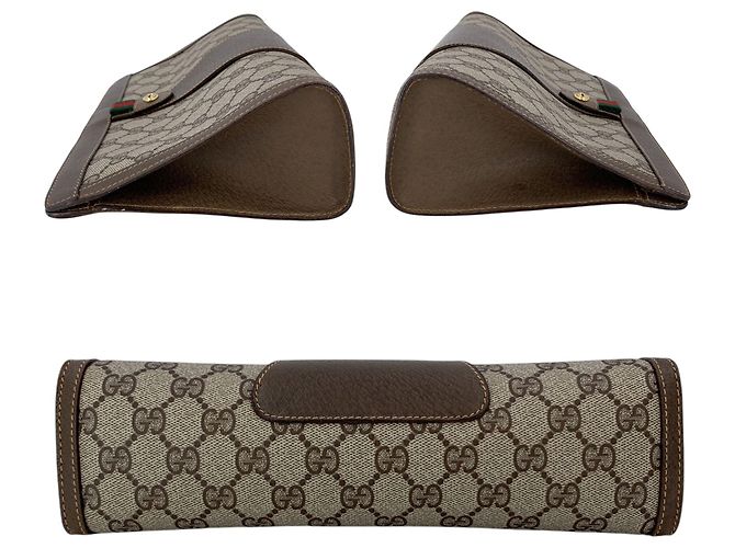 Gucci Clutch Vintage Ophidia in tela monogram GG Supreme marrone con banda Web - vista 4