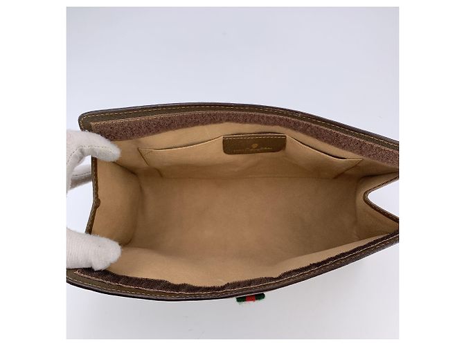 Gucci Clutch Vintage Ophidia in tela monogram GG Supreme marrone con banda Web - vista 5