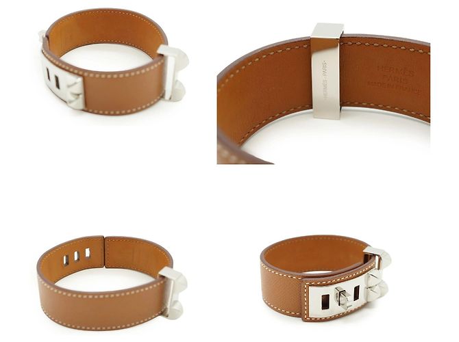 Hermès Hermes Collier de Chien 24 Bracciale in Pelle Tan T3 Metallo Argentato Beige - vista 4