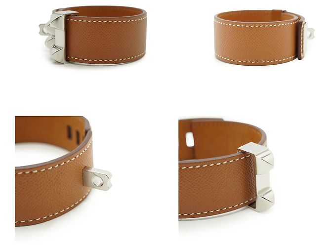 Hermès Hermes Collier de Chien 24 Bracciale in Pelle Tan T3 Metallo Argentato Beige - vista 5