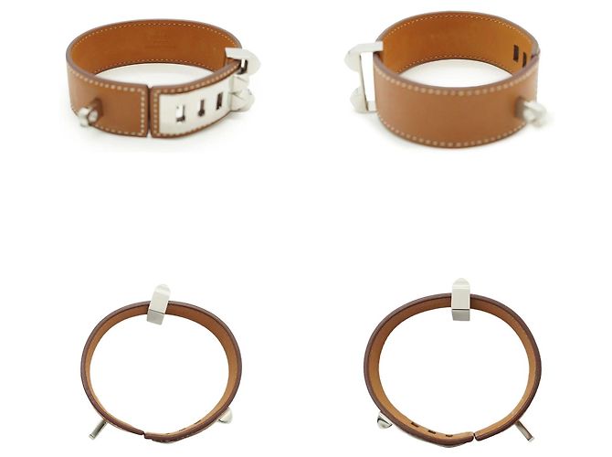 Hermès Hermes Collier de Chien 24 Bracciale in Pelle Tan T3 Metallo Argentato Beige - vista 6