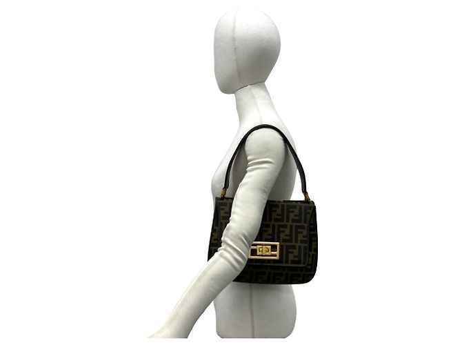 Borsa a tracolla Fendi Zucca FF Pattern in tela e pelle Marrone Nero - vista 2