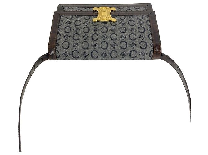 Céline Celine Vintage C Macadam Pattern Blazon Wool Leather Shoulder Bag Brown - view 4