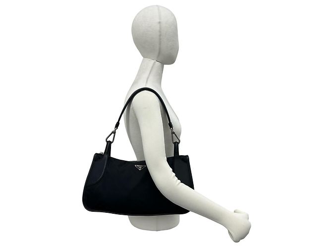 Prada Triangle Logo Hardware Tessuto Pocono Nylon Leder Semi One Shoulder Bag Tote Schwarz - Ansicht 2