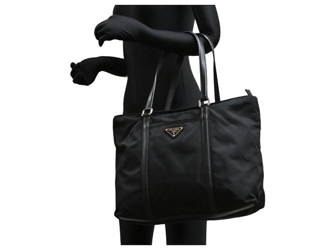 Borsa Tote Prada in nylon e pelle nera Nero - vista 9