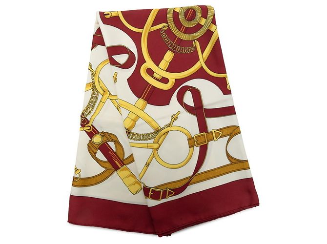 Hermès Carré 90 Apron Doll Golden Spur Schal Weiß Rot - Ansicht 9