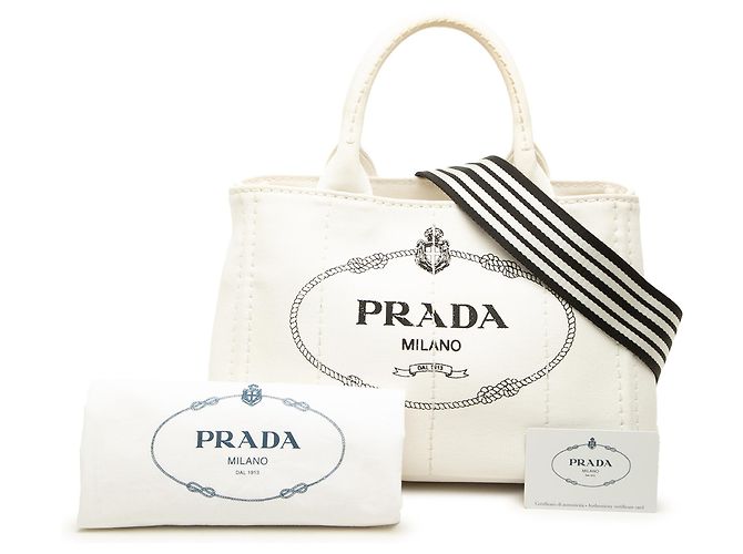 Prada Borsa Tote Small Canvas Canapa Logo Bianca Bianco - vista 7