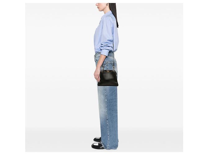 Borsa Satchel Fendi Peekaboo Iconic Mini in pelle nera con lacci - vista 6
