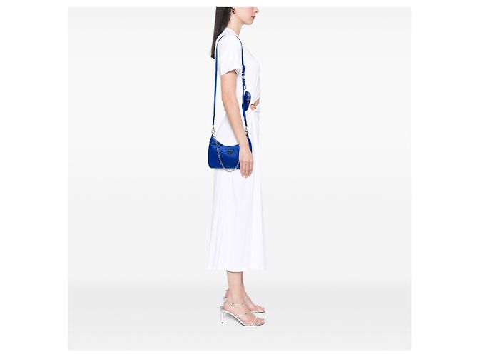 Borsa Satchel Prada Re Edition 2005 in Tessuto con Rifiniture in Saffiano Blu - vista 6