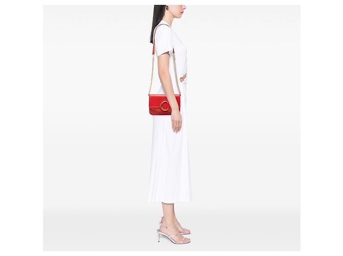 Chloé Mini Bolsa Tiracolo C Chain em Pelica e Camurça Vermelha Vermelho - vista 6