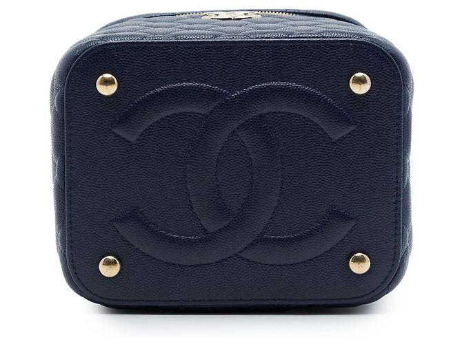 Vanity Case Chanel Blue CC trapuntato in pelle Caviar con manico e catena Blu navy - vista 3
