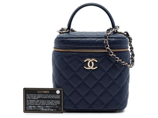 Vanity Case Chanel Blue CC trapuntato in pelle Caviar con manico e catena Blu navy - vista 7