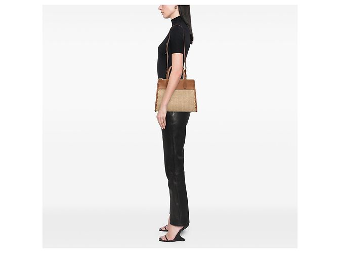 Double Borsa Paradigme Prada in rafia beige e pelle City Calf con cuciture a vista - vista 5