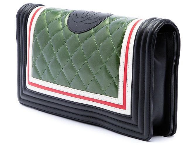 Chanel Green Multicolor Quilted Lambskin Crest East West Boy Flap - vista 2
