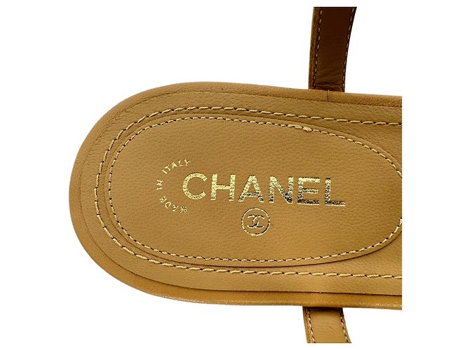 Chanel Logo T-Strap Flat Sandals in Tan Leather Brown Beige - view 10