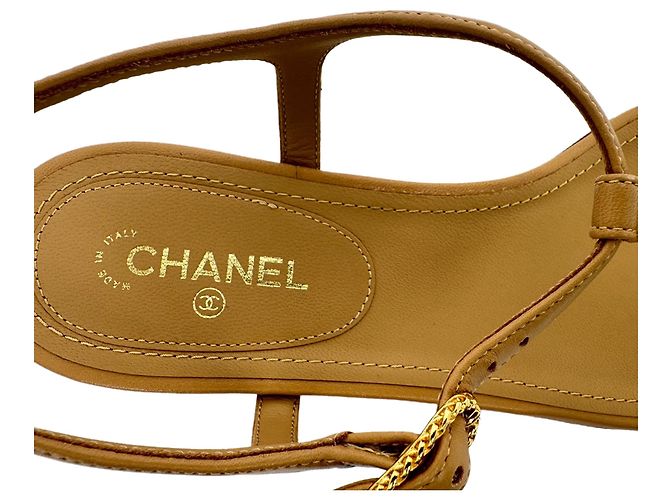 Chanel Logo T-Strap Flat Sandals in Tan Leather Brown Beige - view 11