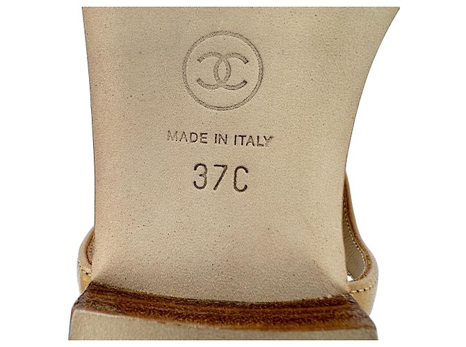 Chanel Logo T-Strap Flat Sandals in Tan Leather Brown Beige - view 12