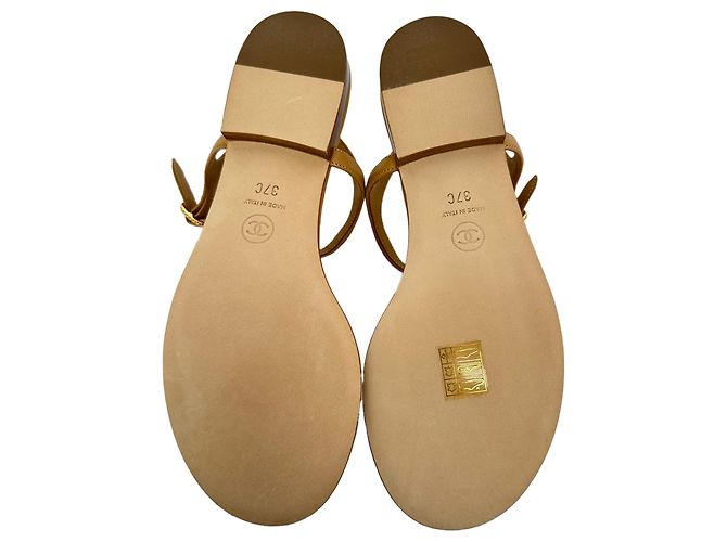 Chanel Logo T-Strap Flat Sandals in Tan Leather Brown Beige - view 13